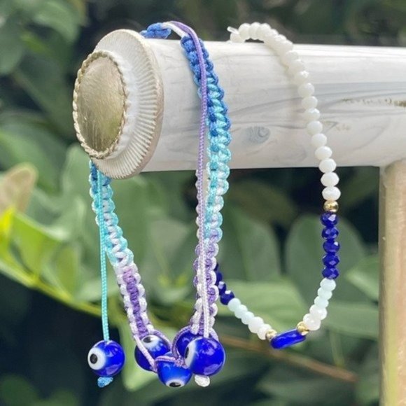 2pc Evil Eye Lampwork Bead Cord & Stretch Bracelet - Picture 2 of 6